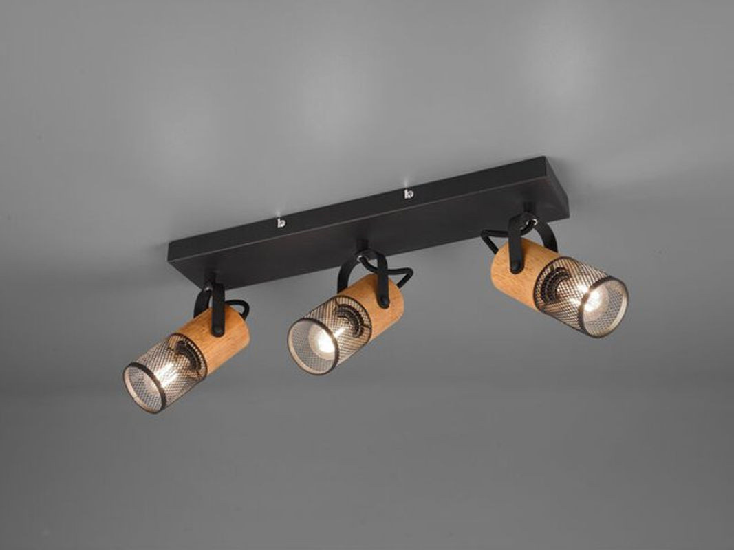 Trio Deckenstrahler Tosh 3-flammig in Schwarz mit Holz und Gitterschirmen, Breite: 44 cm - Bild 1