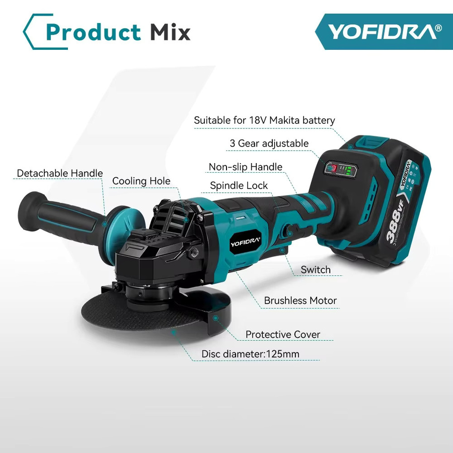 YOFIDRA Bürstenloser elektrischer Winkelschleifer mit 3 Gängen, kabelloser Polierer und Schneider für Makita 18 V-Batterie, Durchmesser: 125 mm - Bild 5