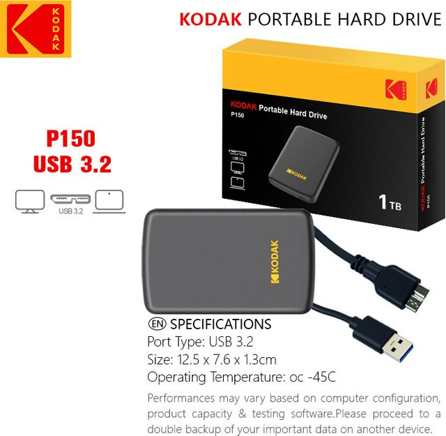 Kodak P150 Externe Festplatte HDD mit USB 3.0 und USB-A Anschluss, Schwarz, 1 TB oder 500 GB Kapazität für PC, Laptop und Smartphone - Bild 1
