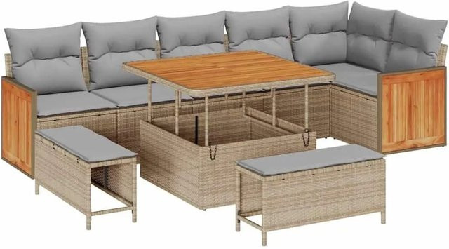 vidaXL Gartensofa-Set aus Poly-Rattan in L-Form mit 11 Teilen, inklusive Kissen und Couchtisch, Beige und Grau - Bild 1