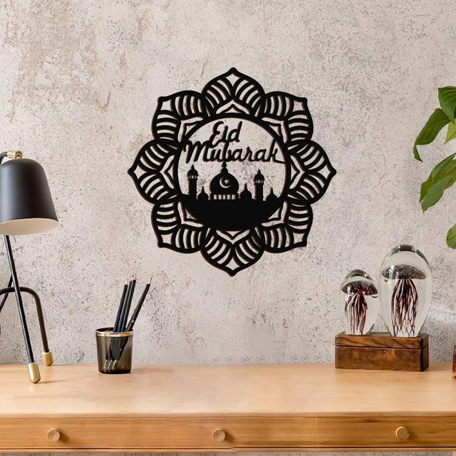 Dekorativer Eid Mubarak Anhänger aus schwarzem Holz mit floralem Retro-Muster - Bild 1