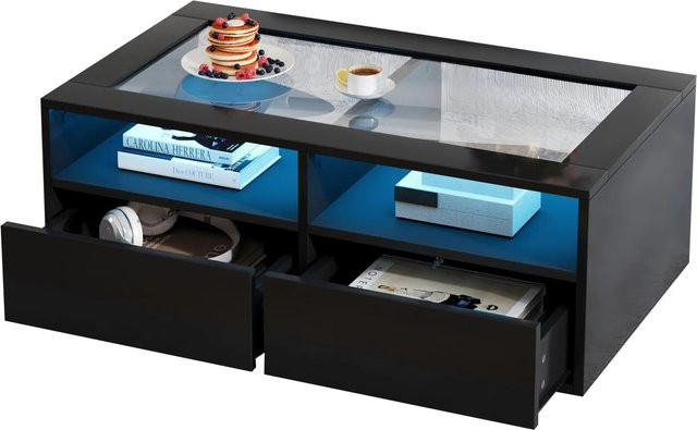 okwish Couchtisch mit LED Glas Schubladen in Schwarz Hochglanz, B/T/H: 100 x 50 x 35 cm - Bild 1