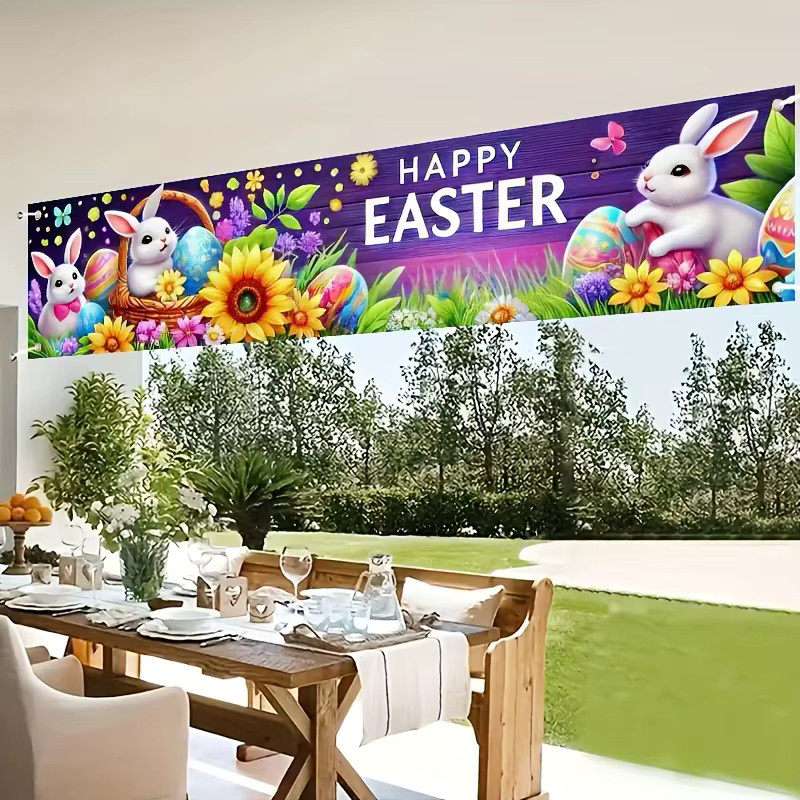 VIKAMA Ostern Banner mit bunten Kaninchen, Karotten und Eiern in Mehrfarbig zur Dekoration für Garten und Heim - Bild 4