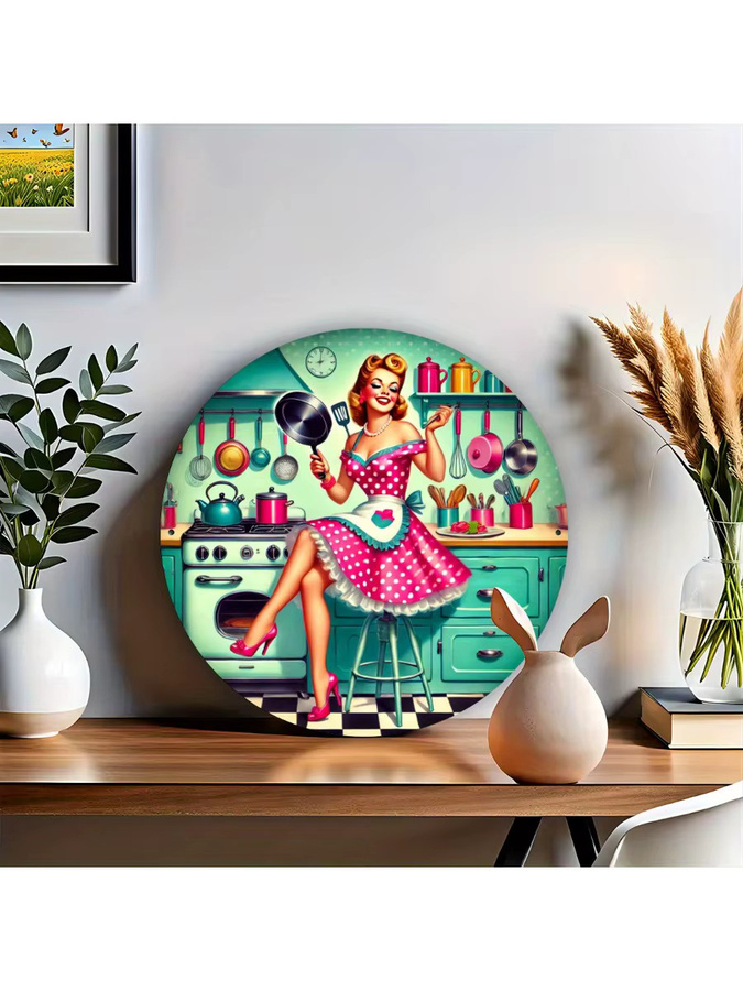 Potdemiel Vintage Küchenszene Metallschild rund, Wandkunst im Retro-Stil, Mehrfarbig, Durchmesser: 19,81 cm - Bild 7