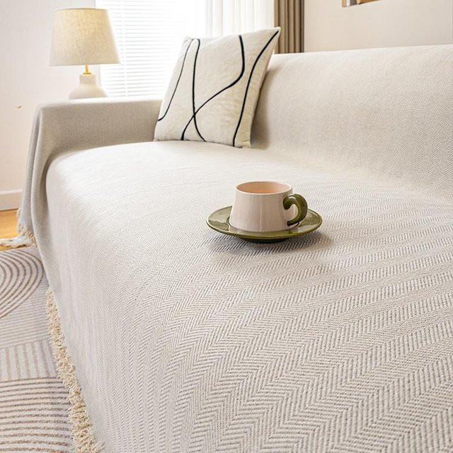 Universeller Sofabezug aus Chenille mit Fischgrätenmuster in Beige, B/B: 180 x 130 cm - Bild 1
