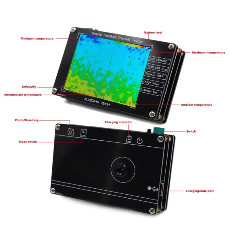 Digitale Infrarotkamera MLX90640 mit 2,8-Zoll-LCD-Display und eingebautem Akku in Schwarz - Bild 3