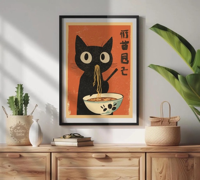 Retro Ramen Poster mit schwarzer Katze von SHENCHEN als multicolor Kunstdruck für deine Wanddekoration - Bild 1