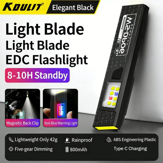 KDULIT LED-Schlüsselanhänger-Taschenlampe in Schwarz, wiederaufladbare Mini-Taschenlampe mit 550 lm, USB-C, Magnet und COB-Flutlicht für den Notfall - Bild 1