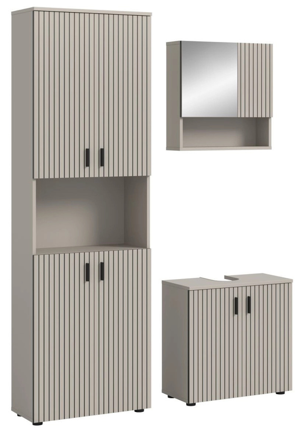 3-teiliges Badmöbel Set Livia von Inn.Furn in Kaschmir, bestehend aus Waschtischunterschrank, Spiegelschrank und Hochschrank, Breite: 135 cm - Bild 3