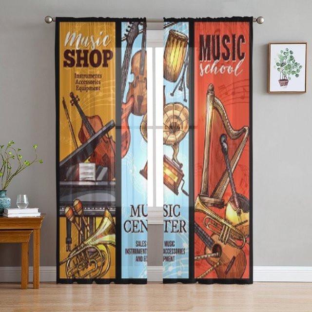 Super Six Vintage Musikladen Tüllvorhang aus Organza und Chiffon in Schwarz und Multicolour, Breite: 135 cm, Höhe: 114 cm - Bild 1