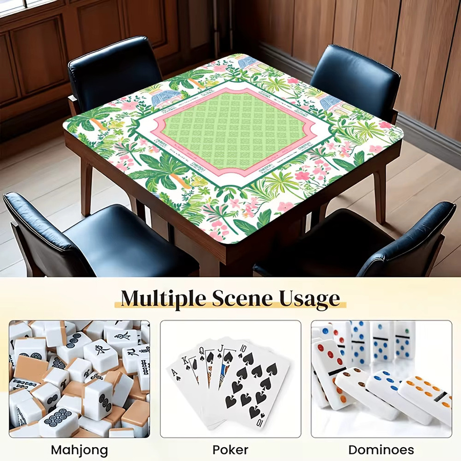 VIKAMA Mahjong-Matte mit grünem tropischem Pflanzenmuster aus Gummi, geräuscharm und multifunktional als Pokermatte oder Tischschutz - Bild 2