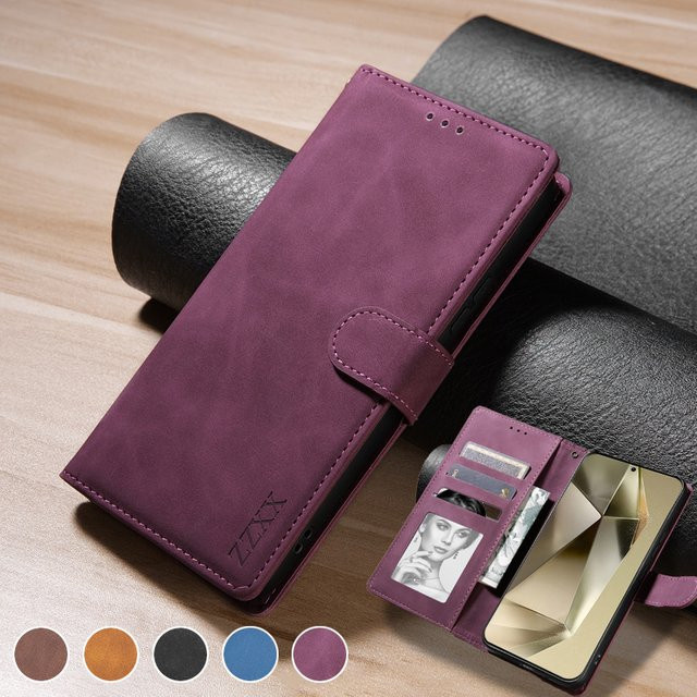 Magnetische Leder-Brieftasche als Flip-Hülle für Samsung Galaxy S25 S24 FE S23 Ultra A15 A16 A17 A35 A36 A53 A54 A55 A56 in Braun und Lila - Bild 1