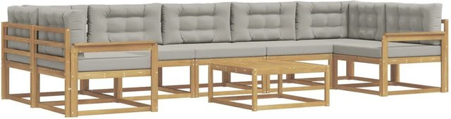 vidaXL Outdoor-Sofagarnitur L-Form aus Akazienholz mit Kissen und Couchtisch in Weiß und Grau - Bild 1