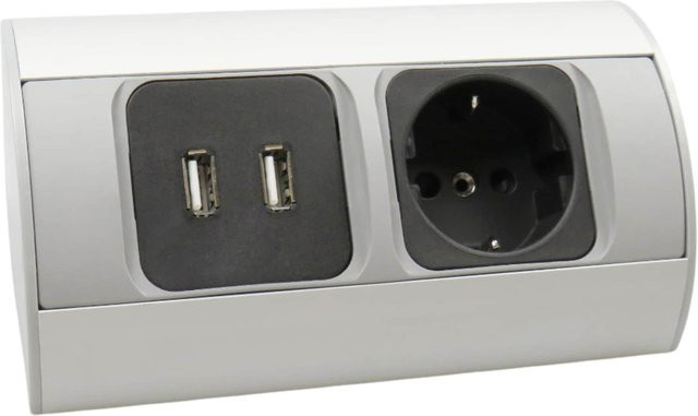 Kalb 2-fach Ecksteckdosenleiste zur Montage mit 1x 230V und 2x USB in Silber/Schwarz - Bild 1