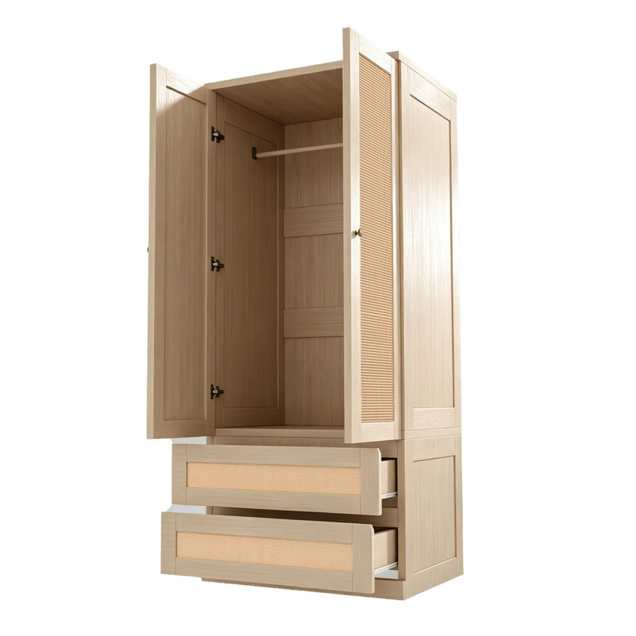 Merax Kleiderschrank im skandinavischen Design mit Rattan-Elementen und integrierten Schubladen, Farbe: Beige/Braun, B/T/H: 70 x 55 x 170 cm - Bild 2