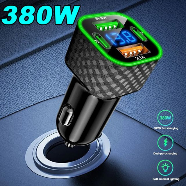 4-in-1 Autotelefon-Ladegerät mit USB-C Dual PD und Spannungsanzeige, 380 W Superschnellladeadapter in Schwarz für iPhone, Xiaomi, Oppo, Vivo und Samsung - Bild 1