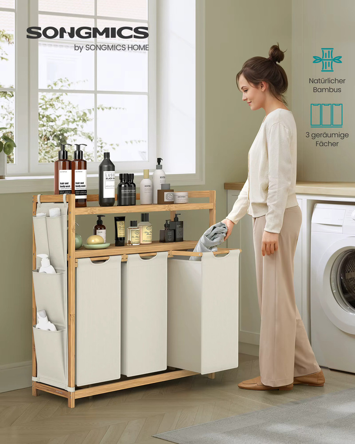 SONGMICS Wäschekorb aus Bambus mit drei Fächern und Kleiderständer, 150 Liter, cremeweiß/beige, inklusive herausnehmbarem Wäschesack und Seitentaschen - Bild 2