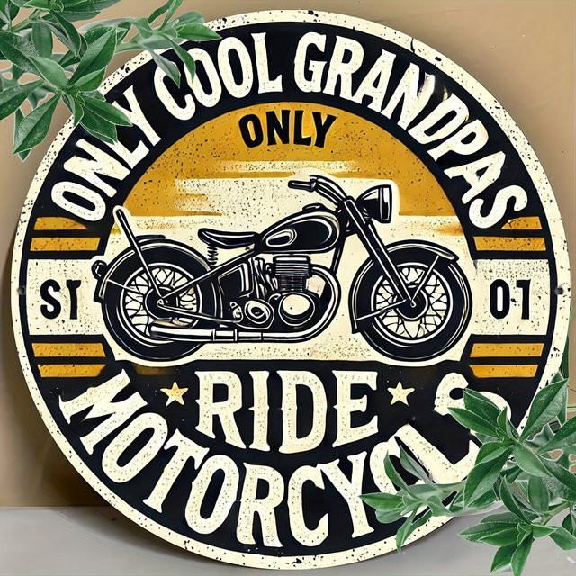 Potdemiel Vintage-Motorrad Wandkunst Metallschild rund mit Only Cool Grandpas Ride Motorcycles Slogan, Durchmesser: 20,3 cm, Mehrfarbig - Bild 1