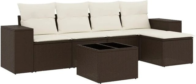 vidaXL 6-teilige Garten-Sofagarnitur aus Poly-Rattan in Braun mit cremeweißen Kissen und Metallrahmen - Bild 1