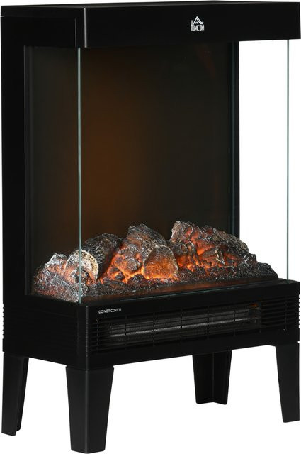 HOMCOM Elektrokamin mit 2000 W Heizleistung, Standkamin mit LED 3D-Flammeneffekt in 4 Helligkeitsstufen, Thermostat und Überhitzungsschutz, Schwarz - Bild 1