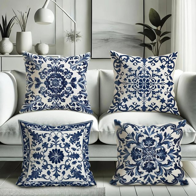 4er-Set JMG Clothing Dekorative Kissenbezüge im Boho-Stil mit floralem Muster, Blau-Weiß, B/B/H: 45 x 45 x 45 cm - Bild 1