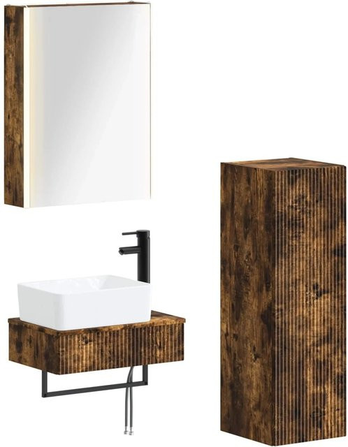 vidaXL Badezimmermöbel-Set 4-teilig in Geräucherte Eiche, modern mit Waschtischunterschrank, Spiegelschrank und LED-Beleuchtung, Braun - Bild 1