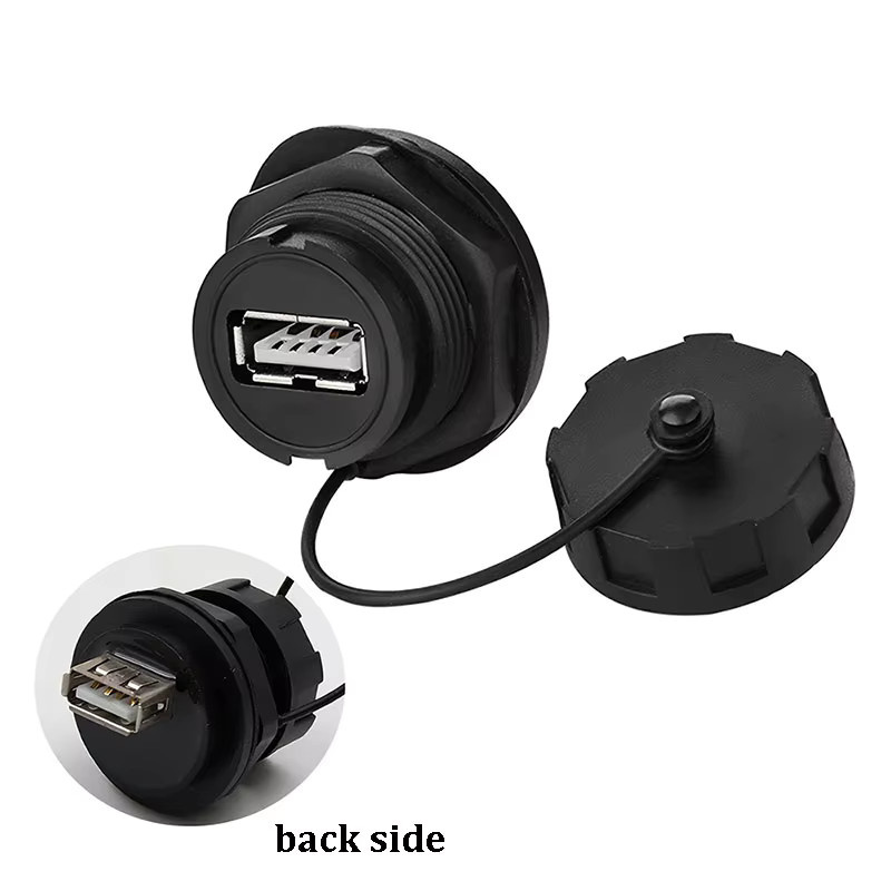 E16 Wasserdichte Einbaubuchse mit Schnallen-Anschluss und Staubschutzkappe in Schwarz für HDMI, USB-C und Micro USB - Bild 3