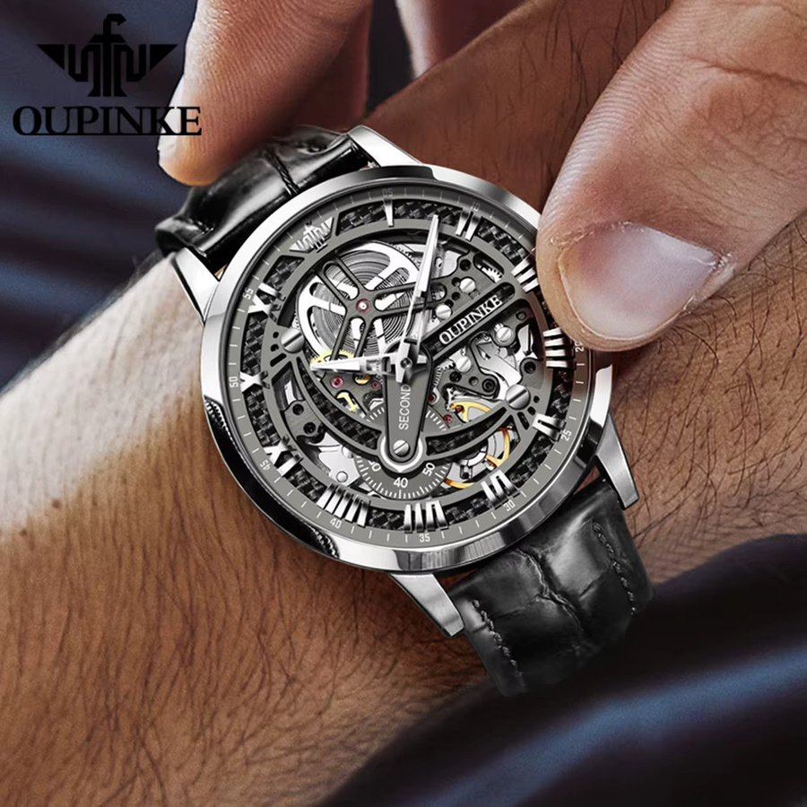 OUPINKE Armbanduhr, Automatik, Edelstahl, Leder, Schwarz, Herren - Bild 4