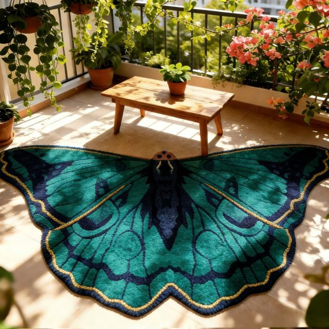 VIKAMA Vintage Teppich in Grün mit Schmetterlingsdesign, rutschfest und schmutzabweisend für Wohnzimmer, Schlafzimmer oder Balkon - Bild 1