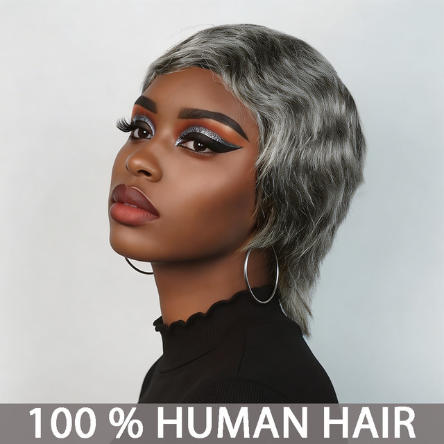 OYM HAIR Echthaar-Perücke, Pixie-Schnitt mit Pony, grau, Damen - Bild 1