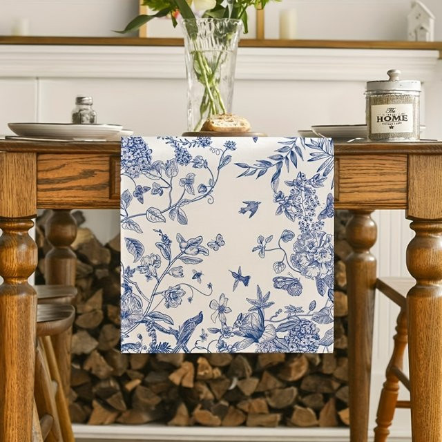 VIKAMA Tischläufer in Blau mit Vogel- und Blumenskizzen, rechteckig, B/T: 90,0 x 33,0 cm - Bild 1