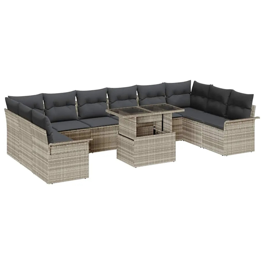 vidaXL Garten-Sofa-Set aus Polyrattan in Hellgrau, 11-teiliges Lounge-Set mit Kissen und Couchtisch in U-Form - Bild 2