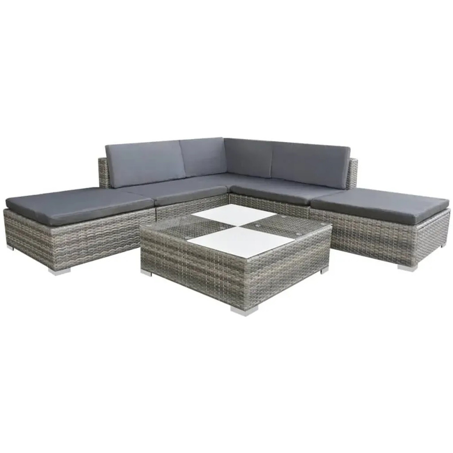 vidaXL 6-tlg. Garten-Lounge-Set aus Poly-Rattan in Grau mit Kissen und Glastisch - Bild 2