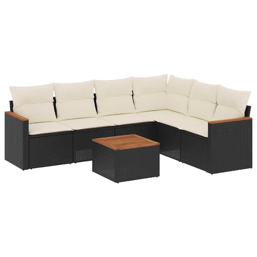 vidaXL 7-teilige Garten-Sofagarnitur aus Poly-Rattan und Akazienholz in Schwarz mit Kissen - Bild 2