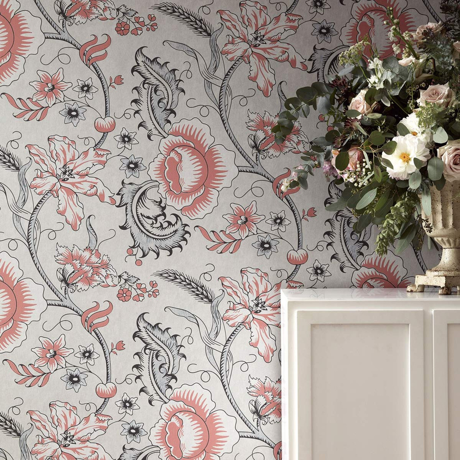 Little Greene Tapete Woodblock Trail Union in Grau mit botanischem Vintage-Floral-Design aus Vlies - Bild 1