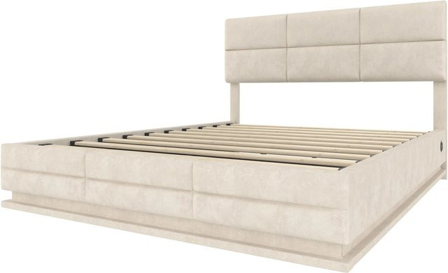 okwish Polsterbett Beige mit LED-Unterbettbeleuchtung, USB-Anschluss und Stauraum durch Hydraulikfunktion, B/T: 140 x 200 cm - Bild 1