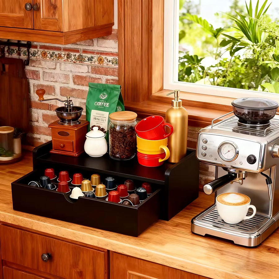 IDUK Kaffee-Bar-Organizer aus rustikalem Holz in Braun oder Schwarz als Tee- und Gewürzaufbewahrungshalter für Küche, Büro und Café - Bild 1