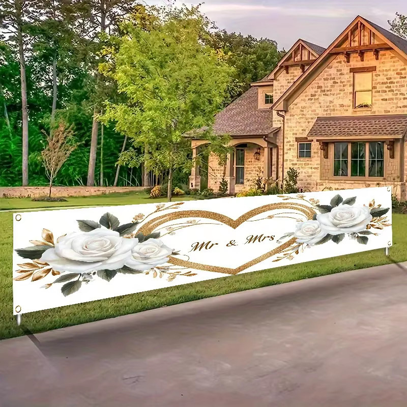 VIKAMA Mr & Mrs Hochzeitsbanner in Weiß und Gold mit Herz-Design für Brautparty, Verlobung und Garten-Dekoration - Bild 2