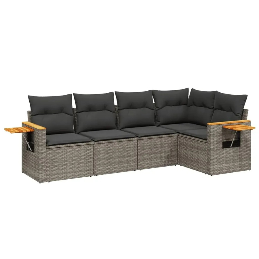 vidaXL 5-tlg Garten-Sofagarnitur in L-Form aus Poly-Rattan und Akazienholz in Grau mit Kissen und Stauraum - Bild 2
