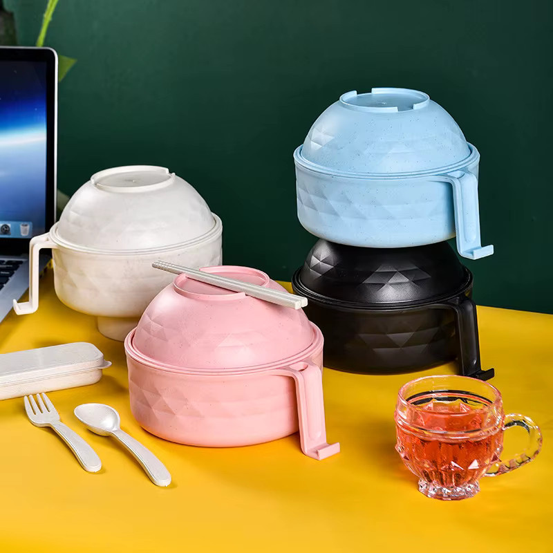 WANGYIXIN Mikrowellen-Ramen-Schüssel-Set aus Weizenstroh mit Griffen, Löffel, Essstäbchen und Gabel, Beige - Bild 2
