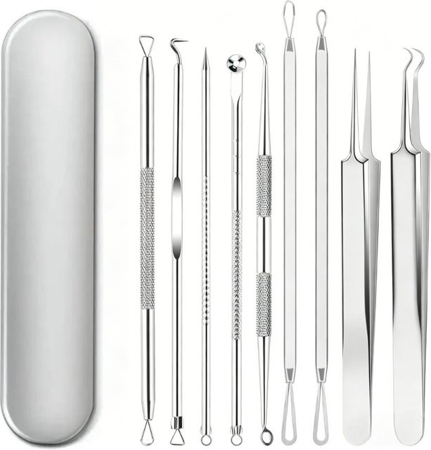 YJYIBEI Mitesser-Entferner-Set, 9-teiliges Edelstahl-Kit, Unisex - Bild 1