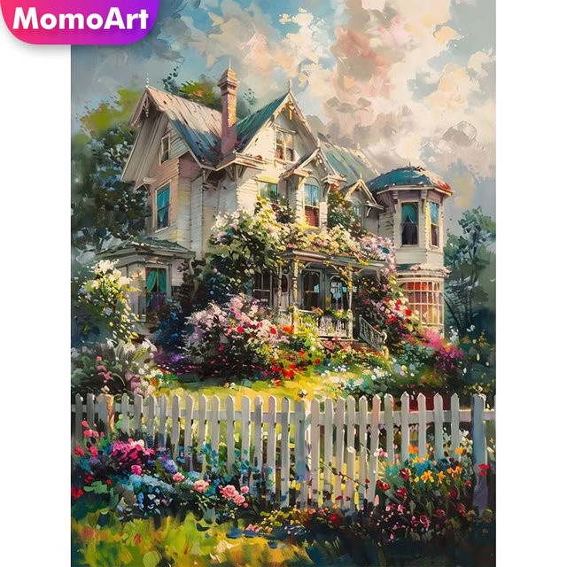 Momoart 5D DIY Diamant-Stickerei Haus-Landschaft mit runden Diamanten, Mehrfarbig, B/H: 30 x 30 cm - Bild 1