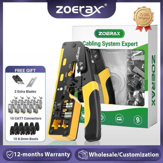 Zoerax RJ45 Crimp Werkzeug Set mit 10 Cat7 Steckern und Entlastungsstiefeln in Rot für Ethernet LAN Kabel - Bild 1