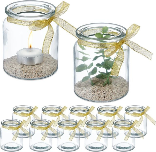 Relaxdays Windlicht 12er Set aus Glas in Transparent Gold mit Schleife für Teelichter, B/H: 8 x 9,5 cm - Bild 1