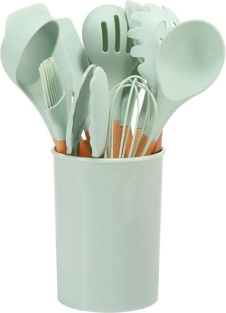 11-teiliges Silikon-Küchenutensilien-Set von CosyHome mit Holzgriffen und Aufbewahrungseimer, Hitzebeständig, Hellgrün - Bild 1