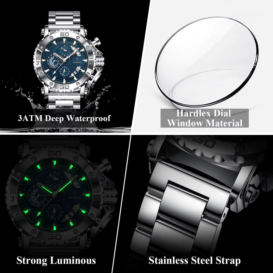 POEDAGAR Chronograph Armbanduhr, Edelstahl, Quarz, Blau, Herren - Bild 4