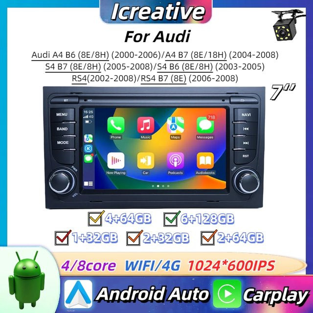 Icreative Android Autoradio mit Carplay und GPS für Audi A4 B6 B7 S4 RS4 sowie Seat Exeo, 2Din Multimedia Video Player Stereo in Schwarz - Bild 1