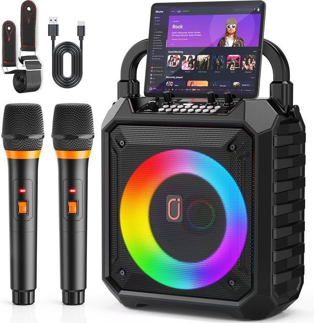 JYX Karaoke-Maschine in Schwarz mit 2 kabellosen Mikrofonen, tragbarer Lautsprecher mit LED-Leuchten und Bluetooth/USB/TF/AUX-Unterstützung - Bild 1
