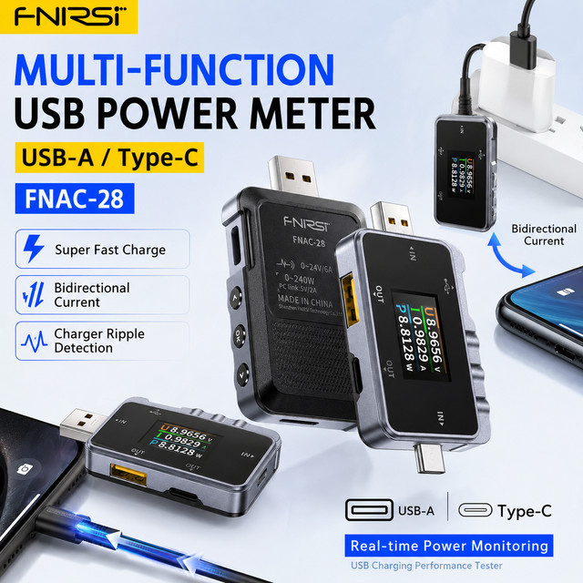 FNIRSI FNAC-28 2-in-1 Typ-C USB-Tester Digitales Voltmeter und Amperemeter in Schwarz zur Messung von Spannung und Strom für Handy und Laptop - Bild 1