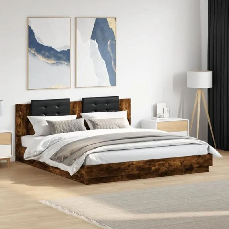 Vidaxl Bettgestell mit Kopfteil und LED-Leuchten in Räuchereiche, Braun, B/T/H: 180 x 200 x 84 cm - Bild 1